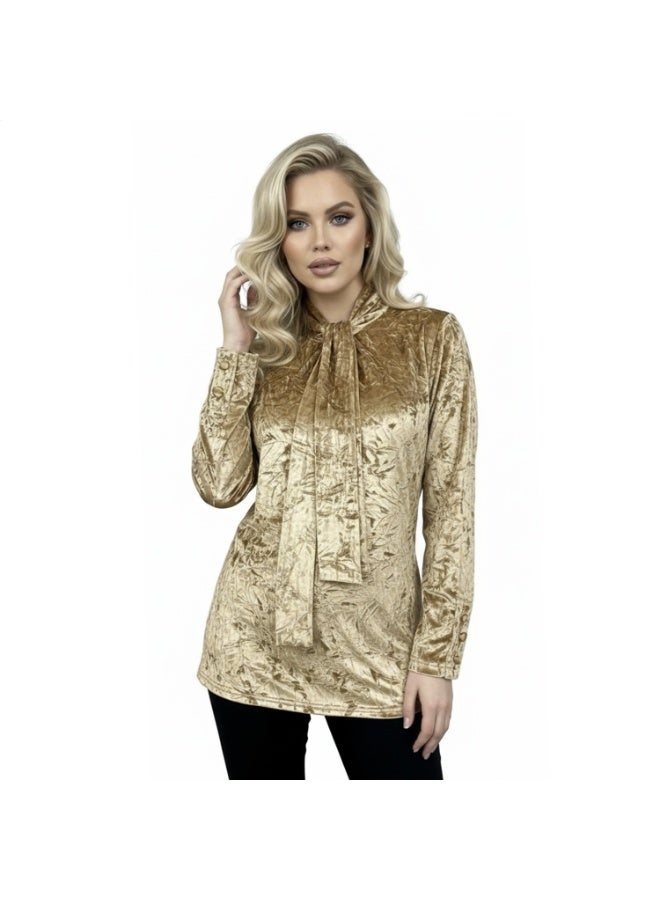 Smoky Egypt Crushed Velvet Tie-Neck Blouse-Beige - Image 1